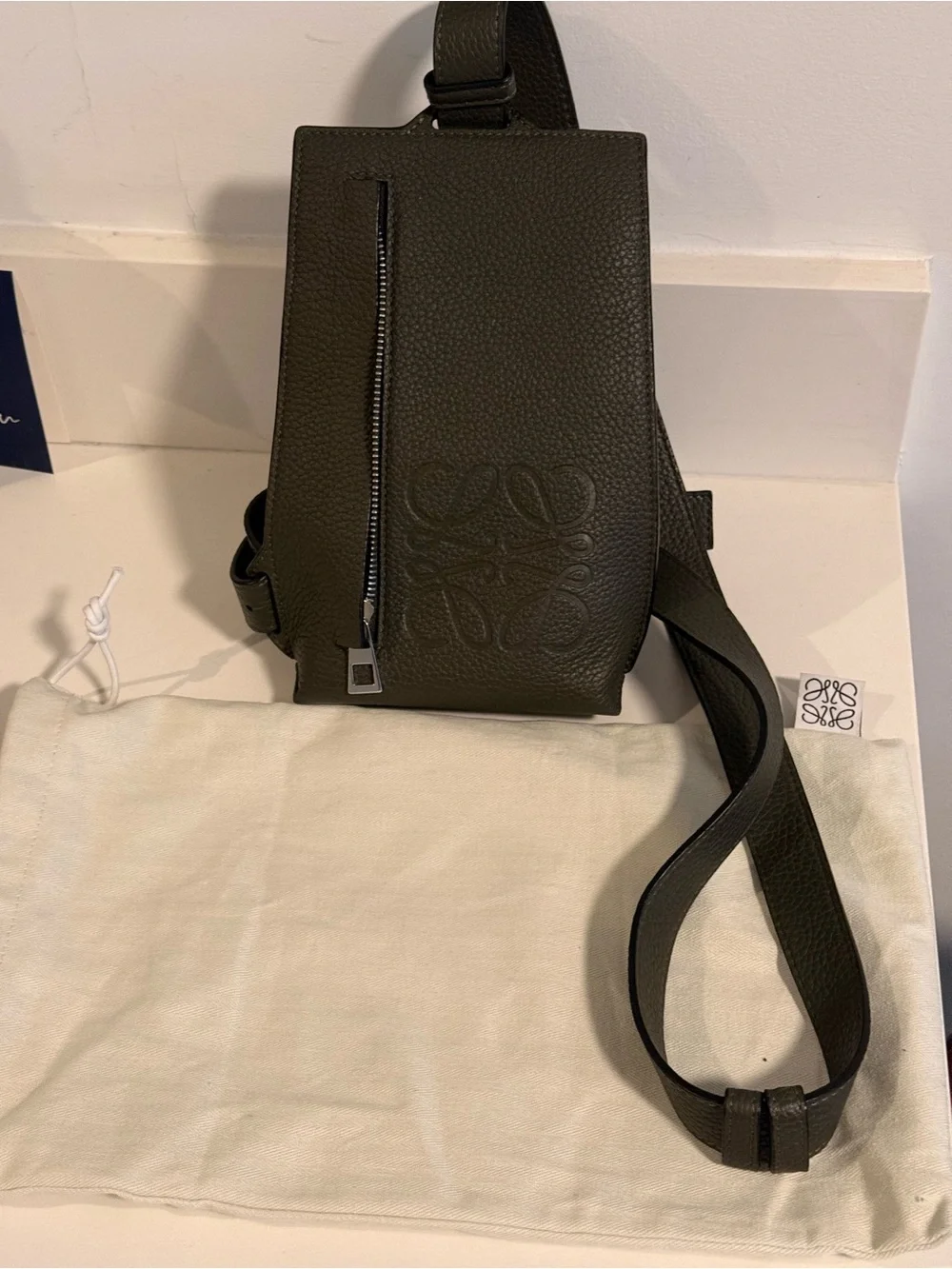 LIKE NEW! Green Loewe Soft Grained Calfskin Vertical T-Pocket Crossbody